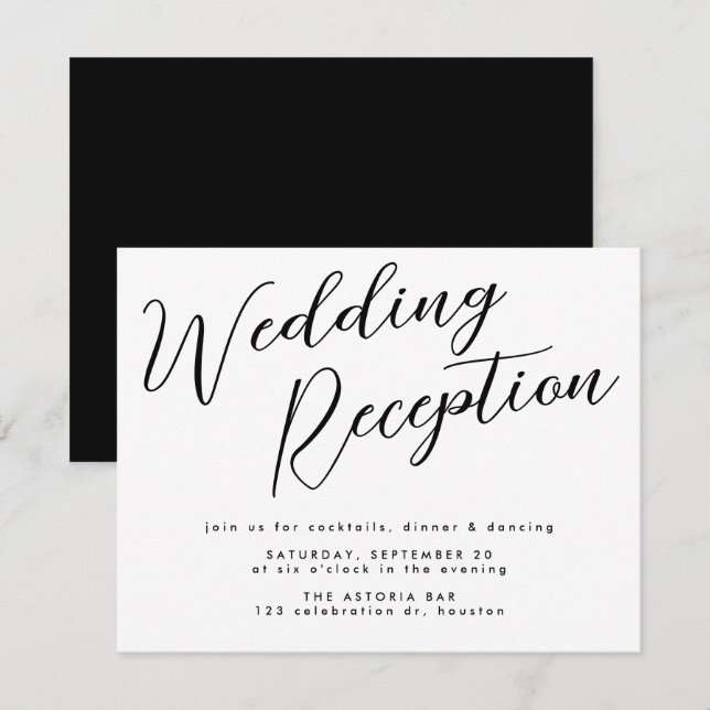 Minimal Schwarz Custom Calligraphy Hochzeitsempfan Begleitkarte (Vorne/Hinten)