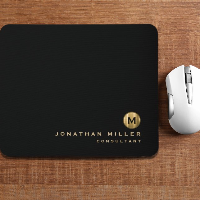 Minimal Schwarz Gold gebürstetes Metal Monogramm Mousepad (Von Creator hochgeladen)