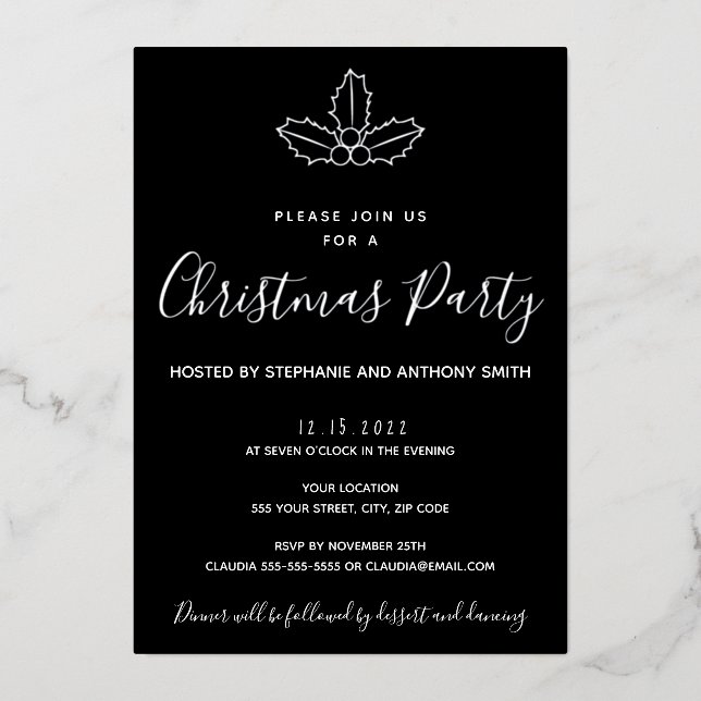 Minimal Schwarz und Gold Mistletoe Weihnachten Folieneinladung (Vorderseite)