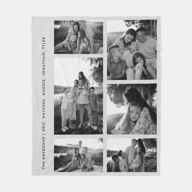 Minimal Schwarz & Weiß 6 Foto Collage Familienname Fleecedecke (Vorderseite)
