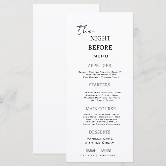 Minimal Schwarz & Weiß die Nacht vor der Hochzeit Menükarte (Vorne/Hinten)