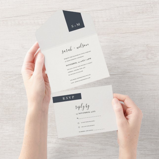 MINIMAL SCHWARZ-WEISS MONOGRAM WEDD SCANDI ALL IN ONE EINLADUNG (Abreißen)