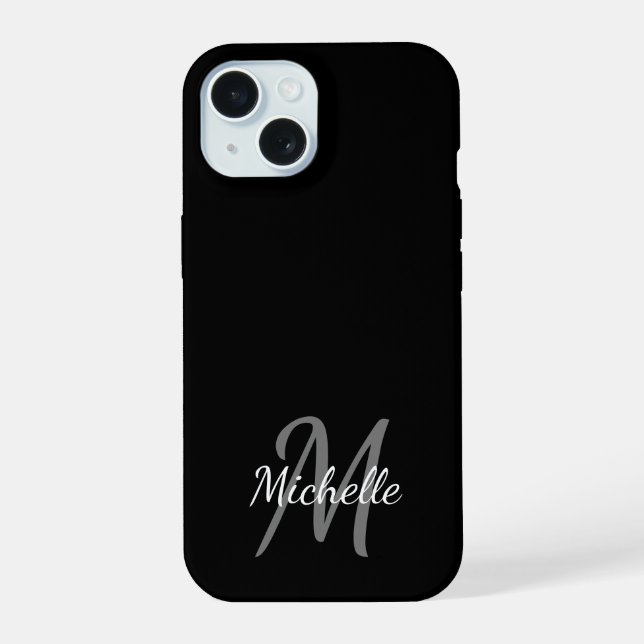 Minimal Schwarz-Weiß-Monogramm-Name + Anfangsbuchs iPhone 15 Hülle (Rückseite)