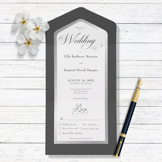 Minimal Schwarz & Weiß Silber Modernes Abendessen All In One Einladung (Minimal Black & White Modern All in One Wedding Invitation with Dinner Options)