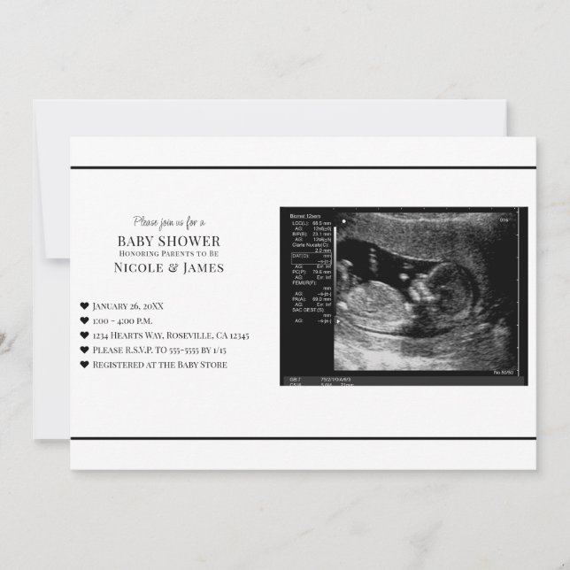 Minimal Schwarz/Weiß Ultrasound Foto Babydusche Einladung (Vorderseite)