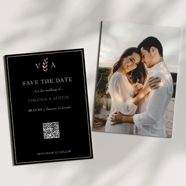 Minimal Schwarz-weiß- und Goldcode-Hochzeit Save The Date (Minimal and Chic Black White & Gold Photo Back and QR Code Wedding Save The Date)