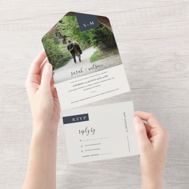 MINIMAL SCHWARZ-WEISSES MONOGRAMM-WEDD-FOTO ALL IN ONE EINLADUNG (Abreißen)