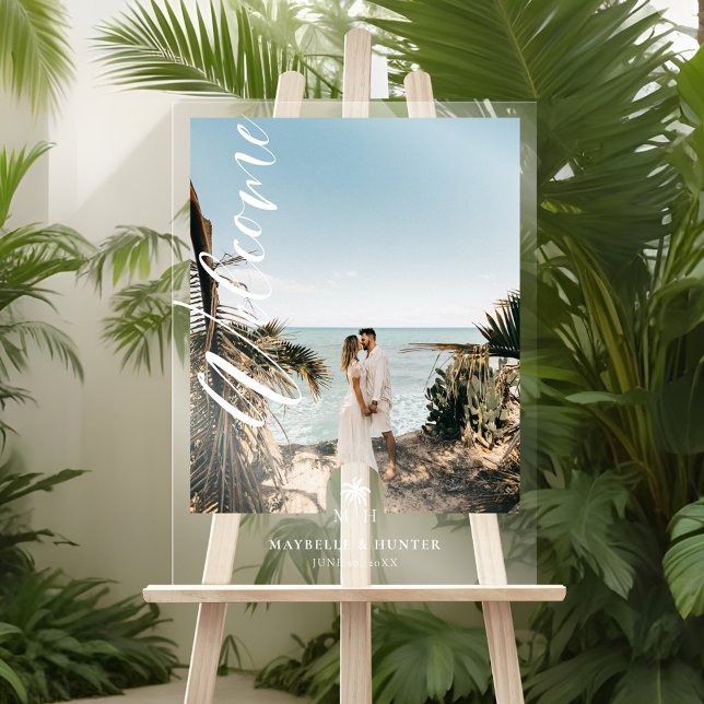 Minimal Script Begrüßung Foto Palm Monogram Acrylschild (Minimal Script Welcome Wedding Photo Palm Monogram Acrylic Sign)
