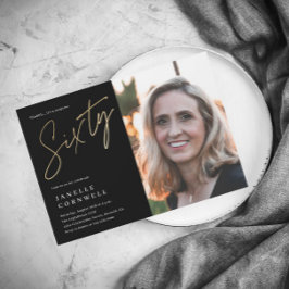 Minimal Script Black Gold Foto 60. Geburtstag Magneteinladung