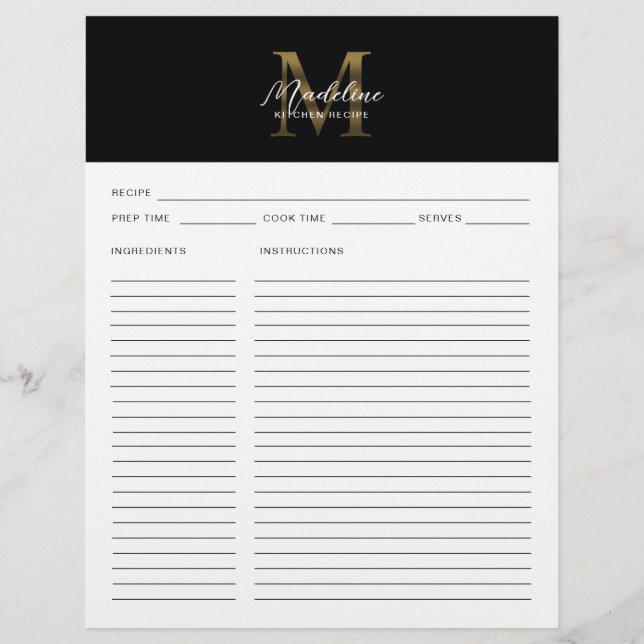 Minimal Script Black Metallic Gold Monogram Rezept (Vorderseite)