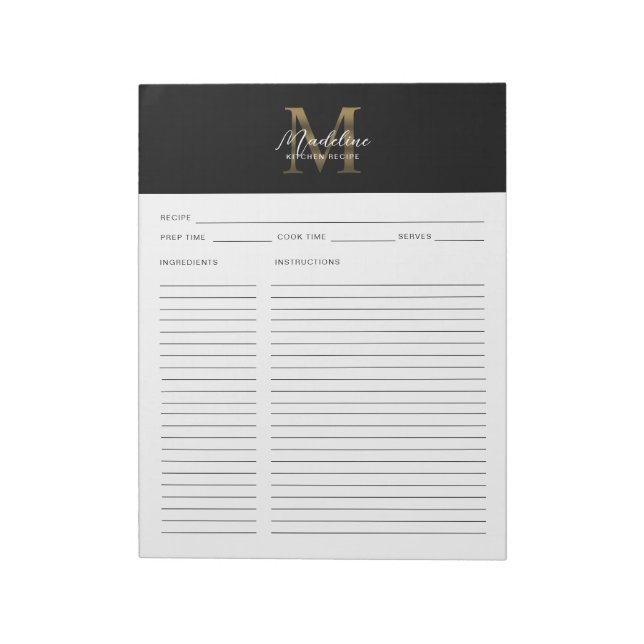Minimal Script Black Metallic Gold Monogram Rezept Notizblock (Rotiert)
