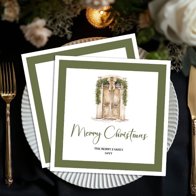 Minimal Script Christmas Door Family Name Napkins Serviette (Minimal Script Christmas Door Family Name Napkins)
