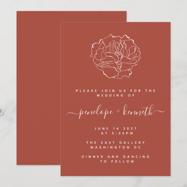 Minimal Script floral Art Wedding | Terracotta Einladung (Vorne/Hinten)