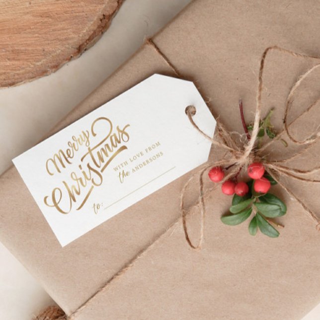 Minimal Script frohe Weihnachts Gold Foil Geschenkanhänger (Von Creator hochgeladen)