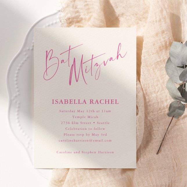 Minimal Script Hot Pink Cream Modern Bat Mitzvah Einladung (Von Creator hochgeladen)