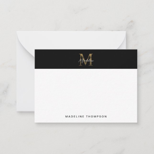 Minimal Script Metallic Black Gold Monogram Mitteilungskarte (Vorderseite)