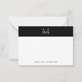 Minimal Script Metallic Black Gold Monogram Mitteilungskarte