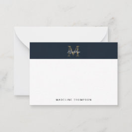 Minimal Script Metallic Navy Blue Gold Monogram Mitteilungskarte