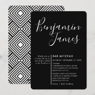 MINIMAL SCRIPT Moderne Bar Mitzvah Schwarz-weiß Einladung