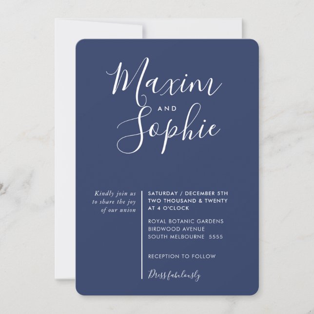 MINIMAL SCRIPT Moderne Hochzeitsnacht blau Einladung (Vorderseite)