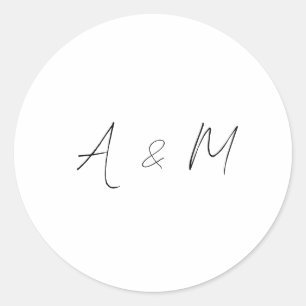 Minimal Script Monogram Boho Wedding Schwarz-weiß Runder Aufkleber