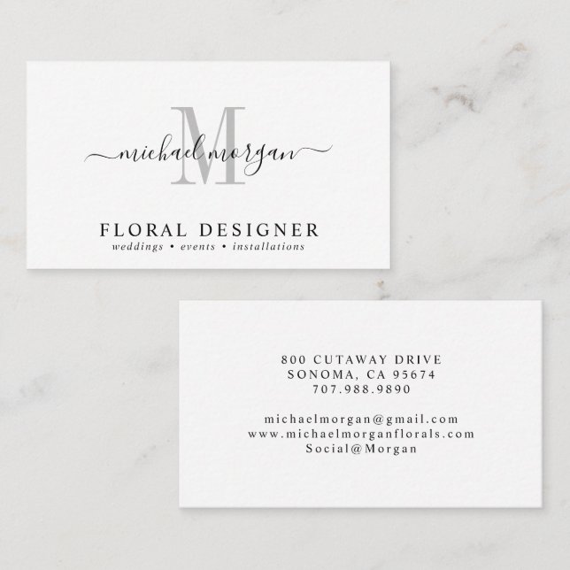 Minimal Script Monogram Floral Designer Visitenkarte (Vorne/Hinten)