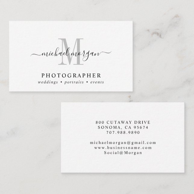 Minimal Script Monogram Photographer Visitenkarte (Vorne/Hinten)