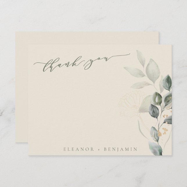 Minimal Script Rustic Gold Greenerity Flat Wedding Dankeskarte (Vorne/Hinten)
