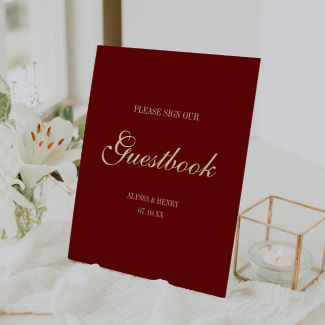 Minimal Script Wine Red "Sign Our Guestbook" Sockelschild (Von Creator hochgeladen)