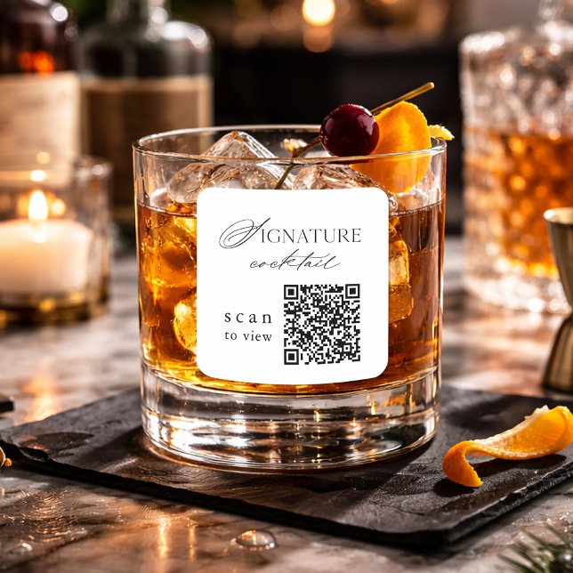 Minimal Signature Cocktail QR Code Wedding Sticker (Von Creator hochgeladen)