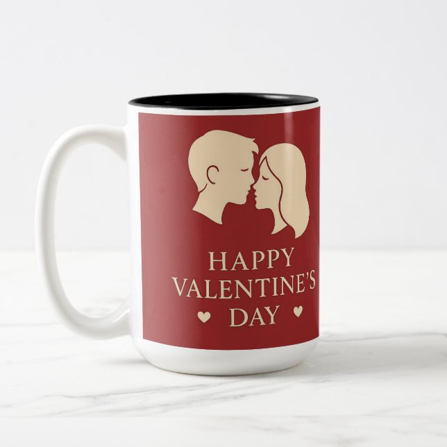 Minimal Silhouette Couple Happy Valentines Heart Zweifarbige Tasse (Links)