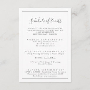 Minimal Silver Wedding Weekend Zeitplan für Verans Begleitkarte