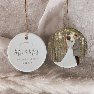 Minimal SilverNewlywed 1st Christmas Wedding Foto Keramik Ornament