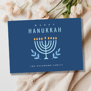 Minimal Simple Blue Menorah Candles Happy Hanukkah Feiertagskarte