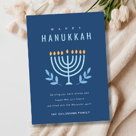 Minimal Simple Blue Menorah Candles Happy Hanukkah Feiertagskarte