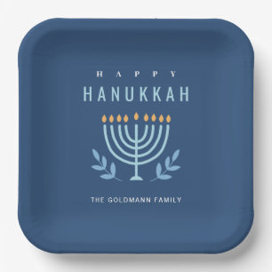 Minimal Simple Blue Menorah Candles Happy Hanukkah Pappteller