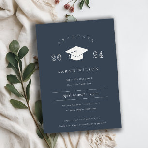 Minimal Simple Dark Navy Blue Graduation Party Einladung