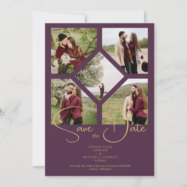 Minimal Simple Wedding Extravagant 5 Fotos Collage Save The Date (Vorderseite)
