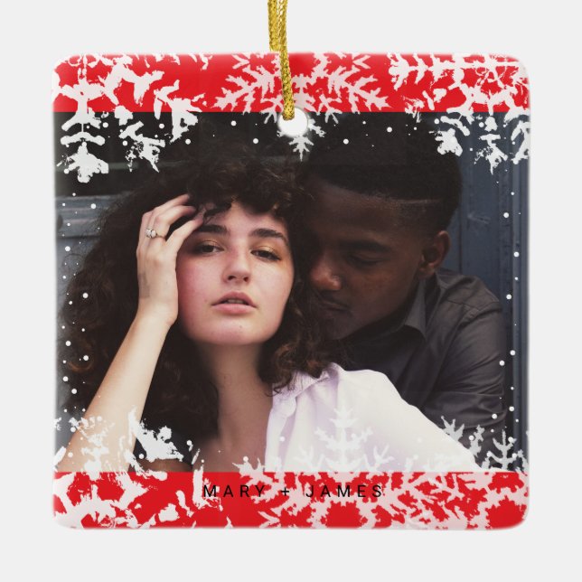 Minimal Snowflakes Frame | Merry and Married Photo Keramikornament (Vorderseite)