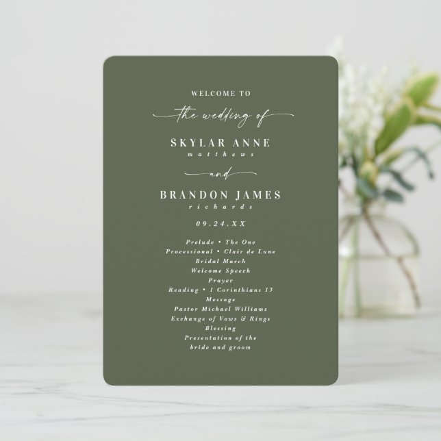 Minimal Solid Monstera Green Wedding Zeremonie Programm (Stehend Vorderseite)