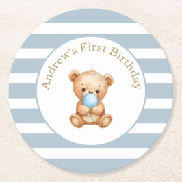Minimal Stripes Teddy Bär Geburtstagspapier Unters Runder Pappuntersetzer