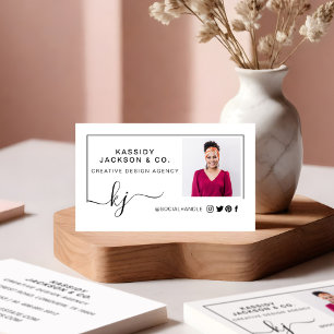 Minimal stylisches Script Monogram Frame Foto Weiß Visitenkarte