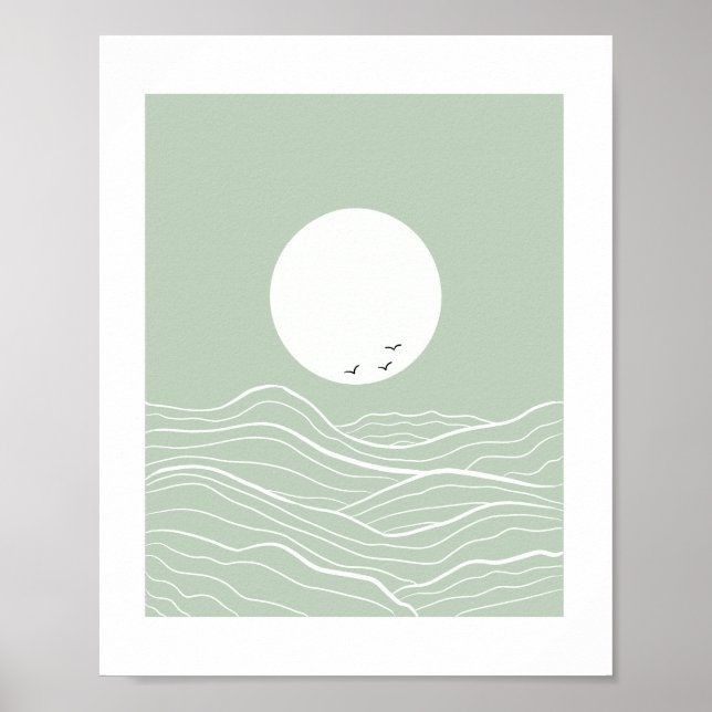 Minimal Sun and Ocean Waves Line Art  Poster (Vorne)