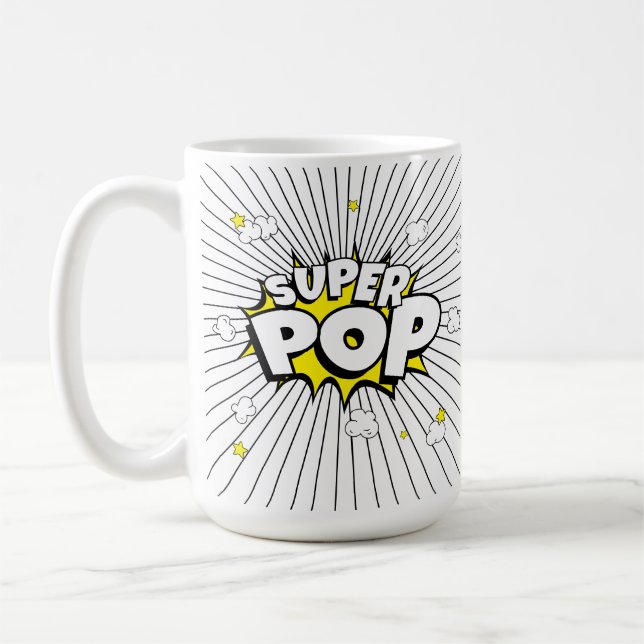 Minimal SUPER POP! Comic Book Pop Art Popcorn Pun Kaffeetasse (Links)
