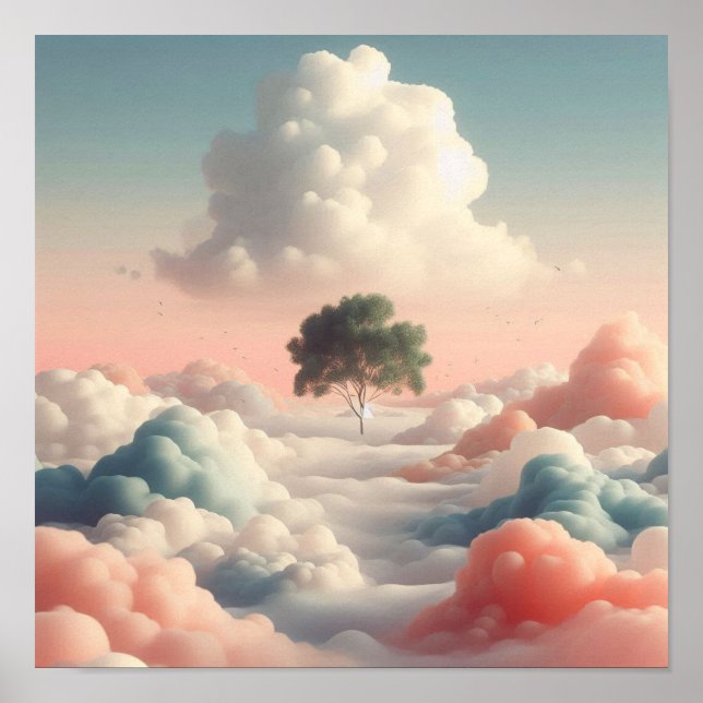 Minimal Surreal Tree Above Soft Pastel Clouds Poster (Vorne)