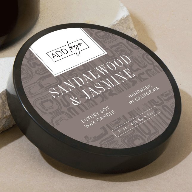 Minimal Taupe Boho Pattern Logo Wax Candle Jar Lid Runder Aufkleber (Modern neutral design round product labels with your custom logo and abstract boho background)