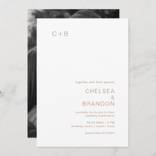 Minimal Taupe Monogram Foto Moderne Hochzeit Einladung