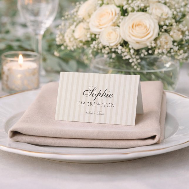 Minimal Taupe Stripe Wedding Place Card  (Von Creator hochgeladen)