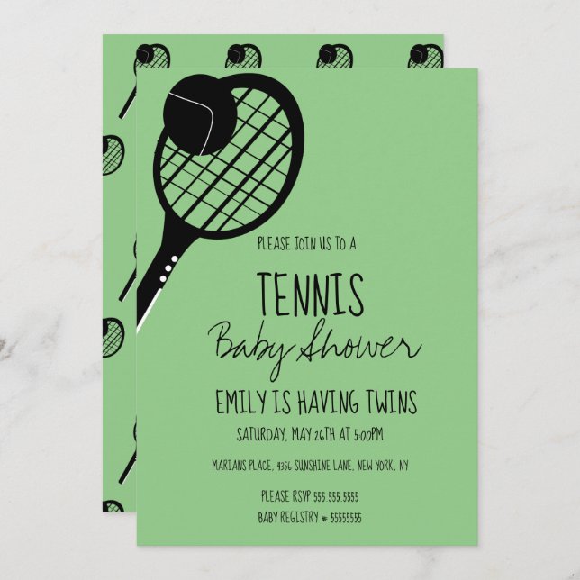 Minimal Tennis Sports Baby Dusche Grüne Einladung (Vorne/Hinten)