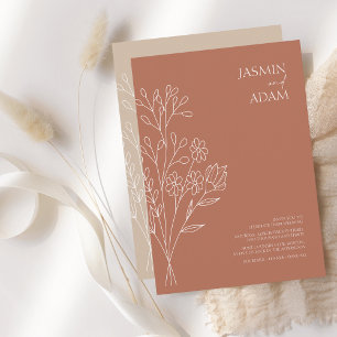 Minimal Terracotta Weiße Wildblumen Hochzeit Einladung